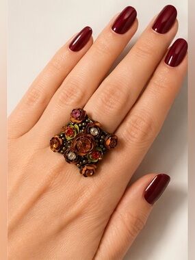 ✨🌹Vintage Floral Metallic Enamel Rhinestone Cluster Ring🌹✨
